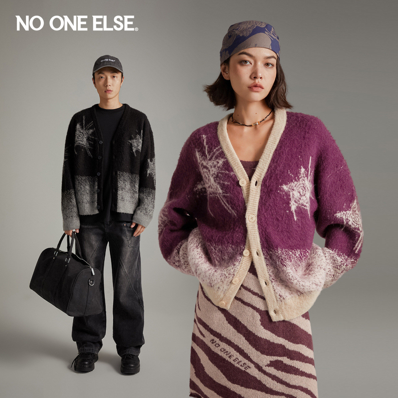 NO ONE ELSE提花撞色外套男女款2026秋新款单排扣V领针织开衫上衣