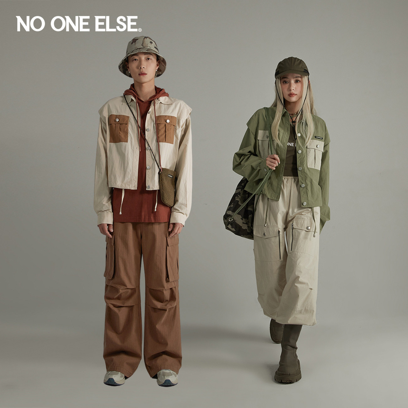 NO ONE ELSE撞色系带外套男女同款2026年春秋新品多口袋时尚上衣