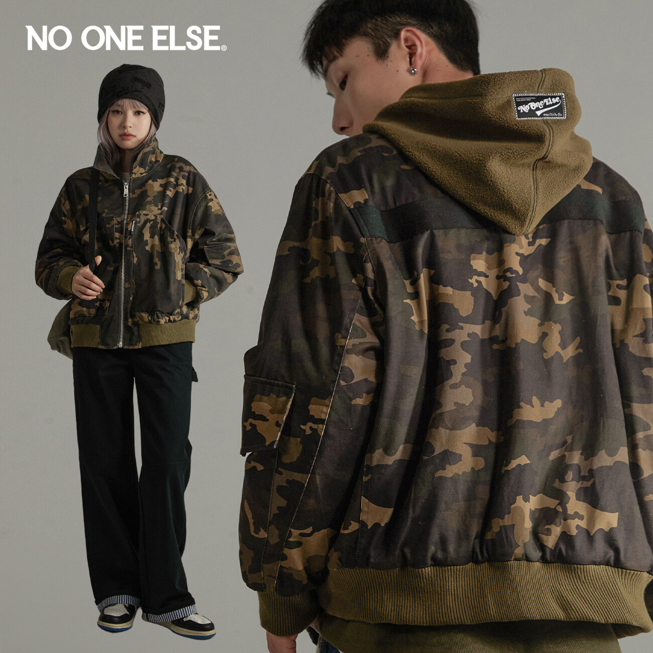 【反季清仓】NO ONE ELSE潮酷迷彩棉服男女冬季时尚个性宽松外套