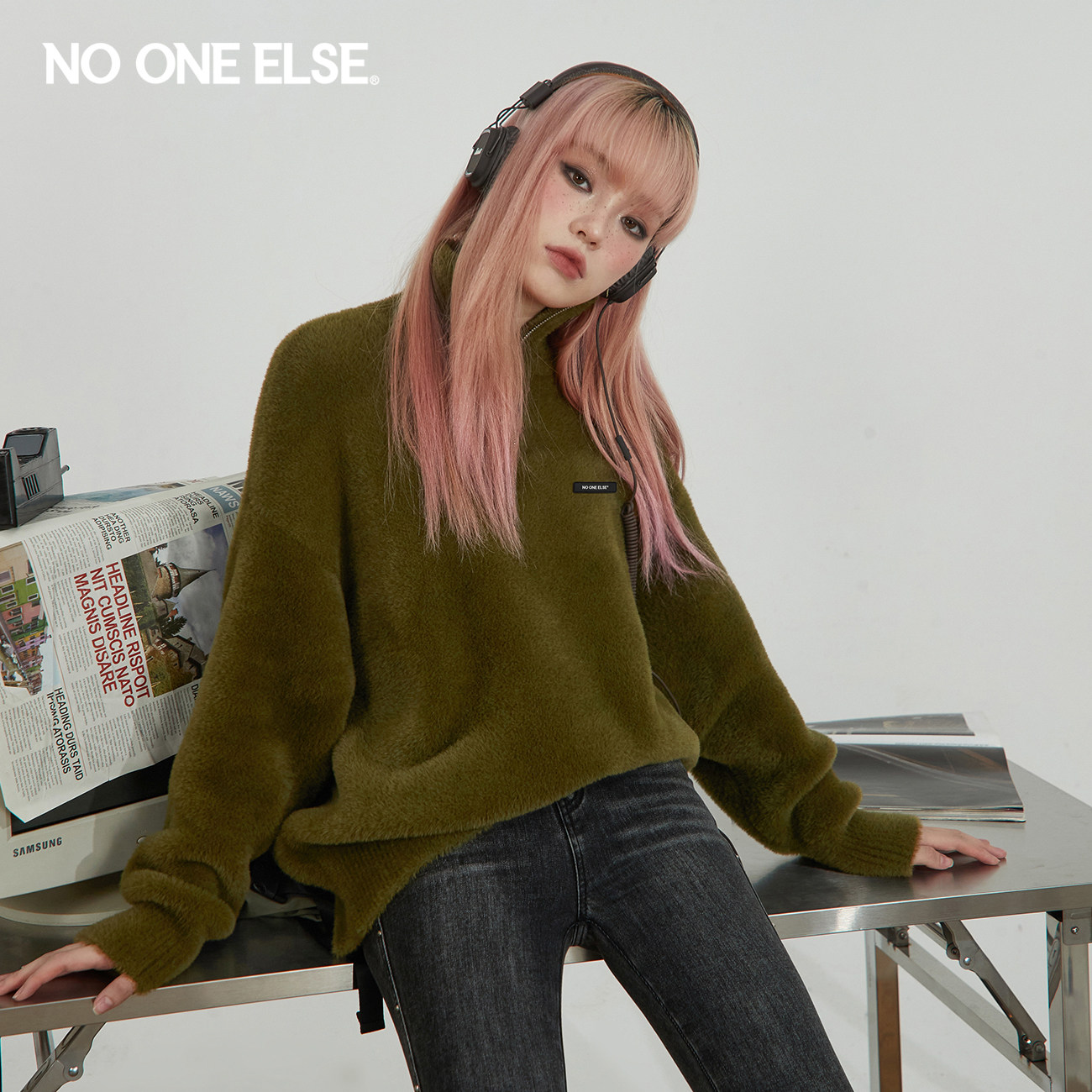 NO ONE ELSE仿貂绒针织衫女2026春秋新品慵懒风洋气长袖宽松毛衣
