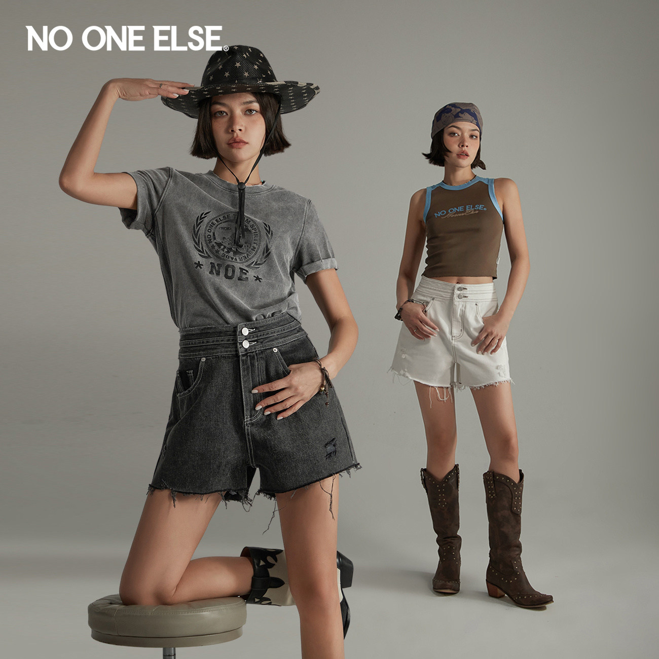 NO ONE ELSE破洞毛边牛仔短裤女2026夏季新品双腰头设计直筒裤子