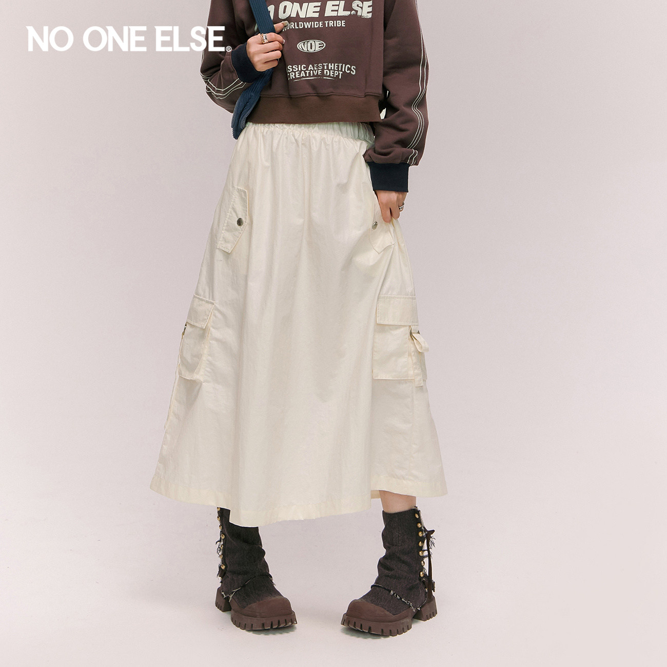 NO ONE ELSE松紧腰半身裙女士2026春秋新款纯色口袋a字大摆长裙子