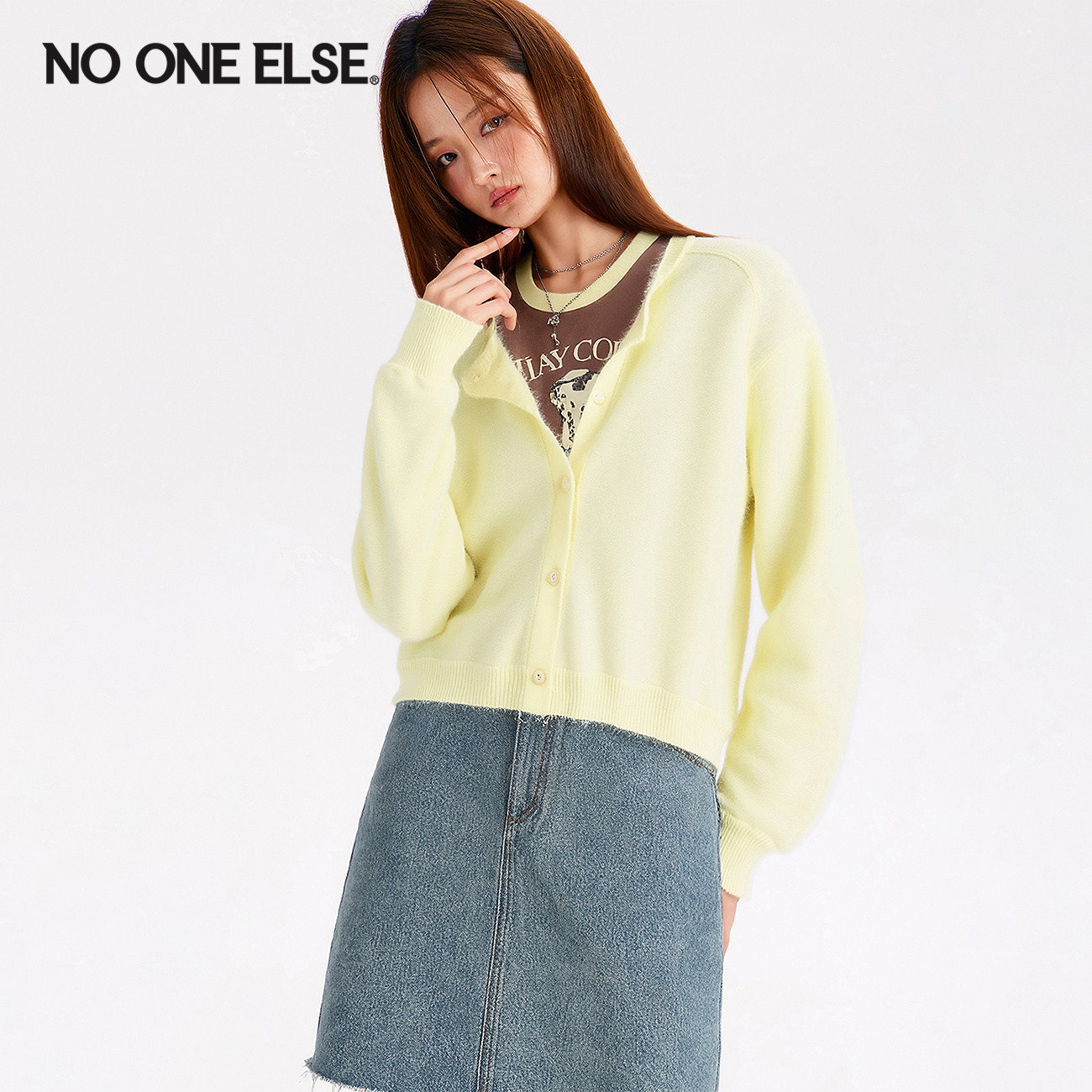 NO ONE ELSE纯色毛衣女士2026年春秋新款休闲圆领插肩袖针织开衫
