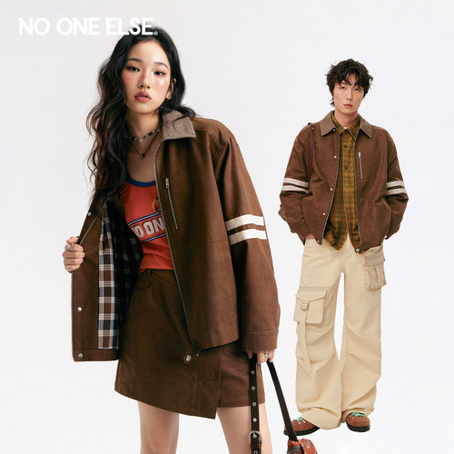 NO ONE ELSE条纹拼接PU皮衣男女2026年春秋新款翻领长袖夹克外套