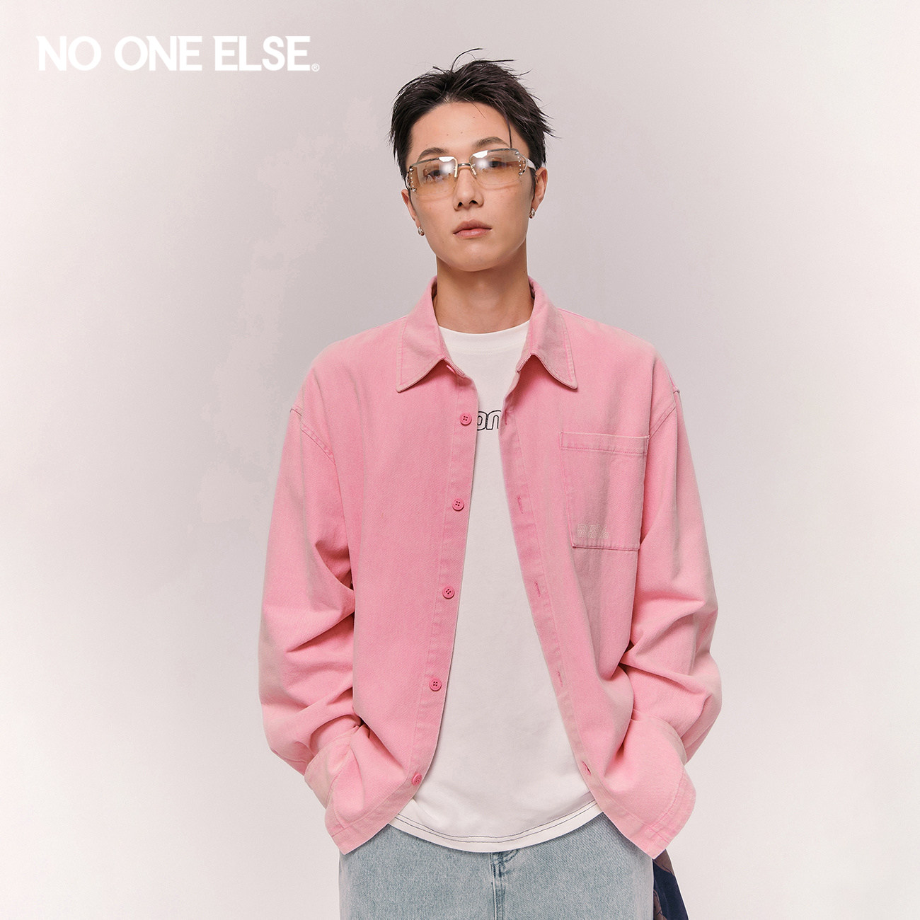 NO ONE ELSE字母绣花长袖衬衫男女2026春秋新款简约口袋宽松衬衣