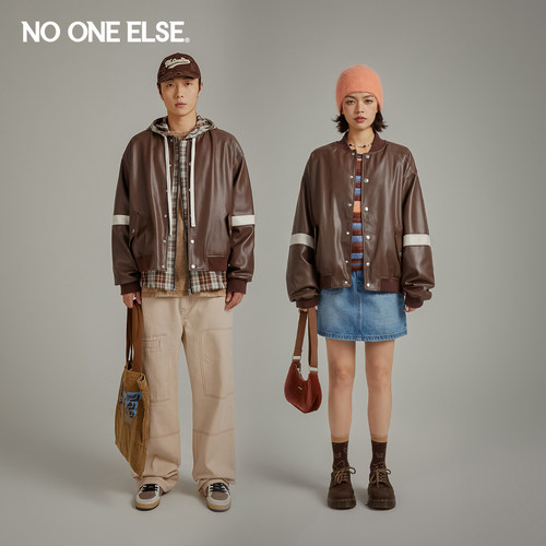 撞色拼接皮外套nooneelse