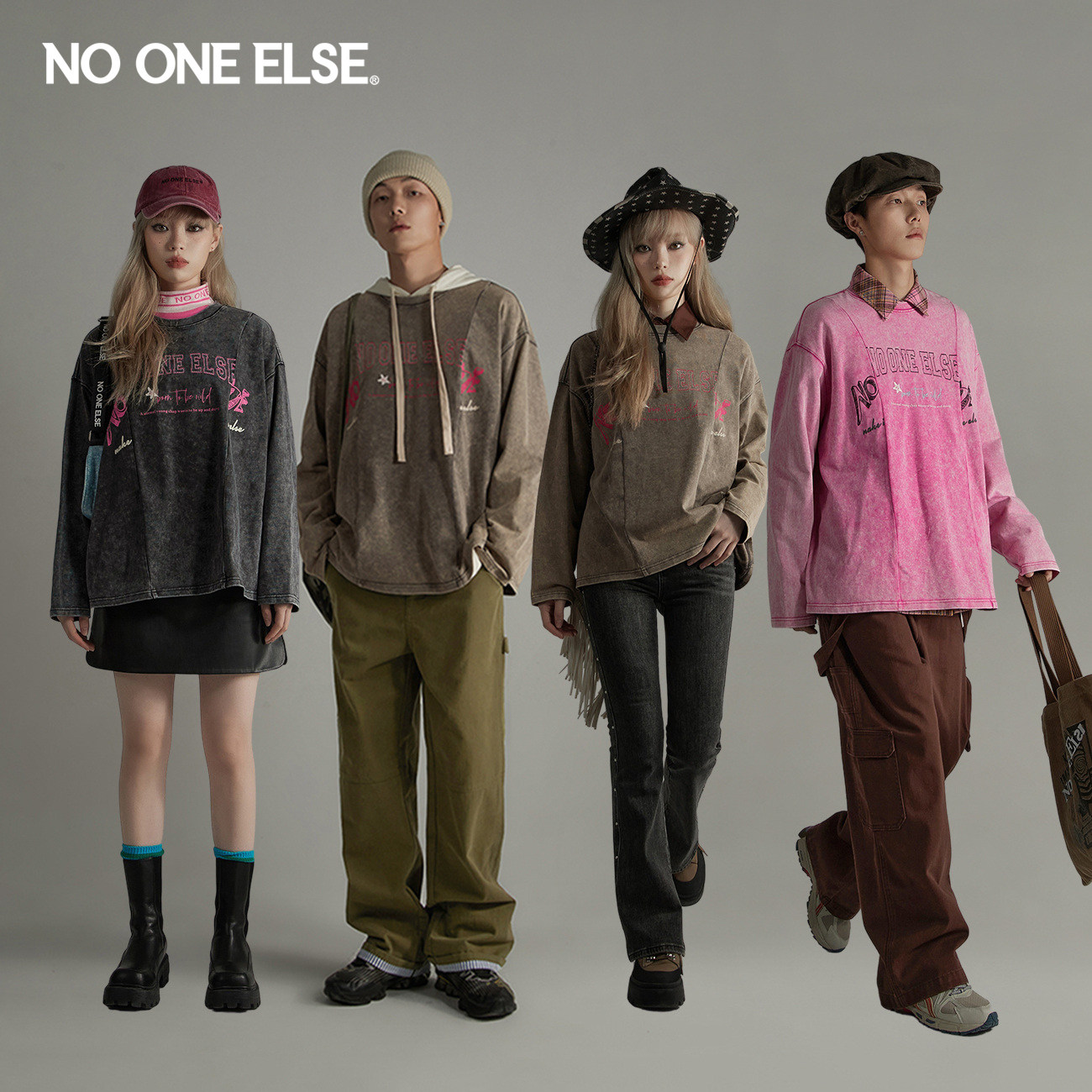 NO ONE ELSE字母宽松T恤男女款2026春秋新品潮酷时尚洋气长袖上衣