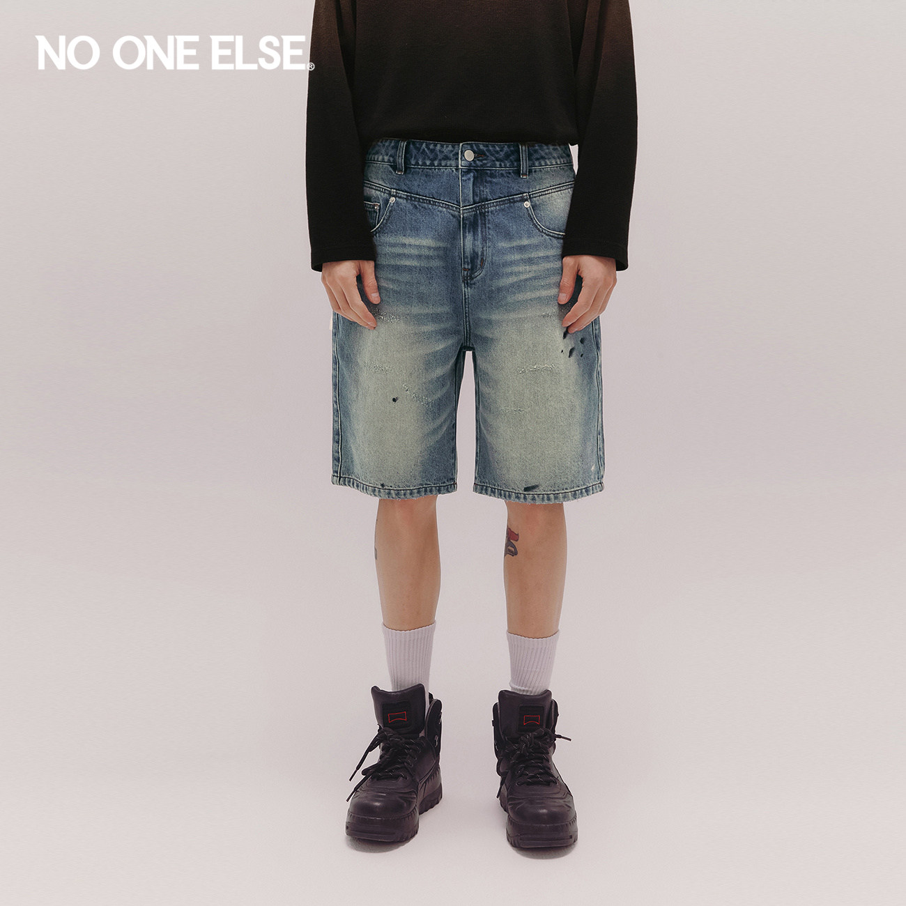 NO ONE ELSE漆点磨白阔腿牛仔裤男女2026夏季新款做旧宽松中裤子