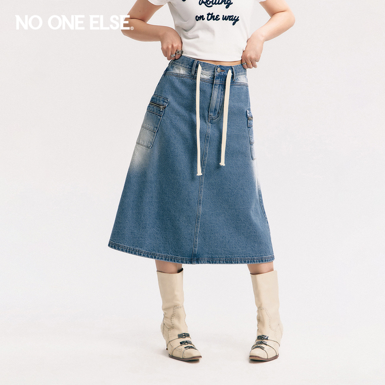 NO ONE ELSE抽绳牛仔半身裙女士2026夏季新款口袋磨白A字中长裙子