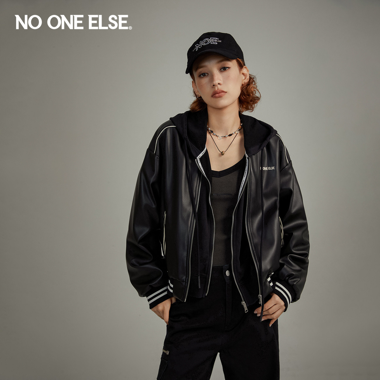 NO ONE ELSE潮酷PU皮皮衣女2026年春秋新品个性字母宽松简约外套