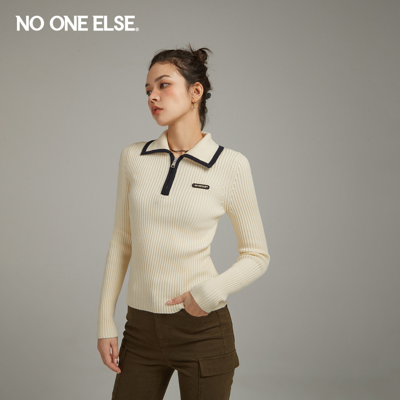 NO ONE ELSE撞色拼接针织衫女2026年春秋新品修身长袖打底短上衣
