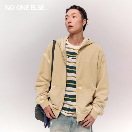 NO ONE ELSE印花连帽卫衣外套男女2026春秋新款美式做旧长袖上衣