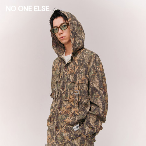 NO ONE ELSE植物满印连帽衬衫男女2026春秋新款美式口袋飘带衬衣