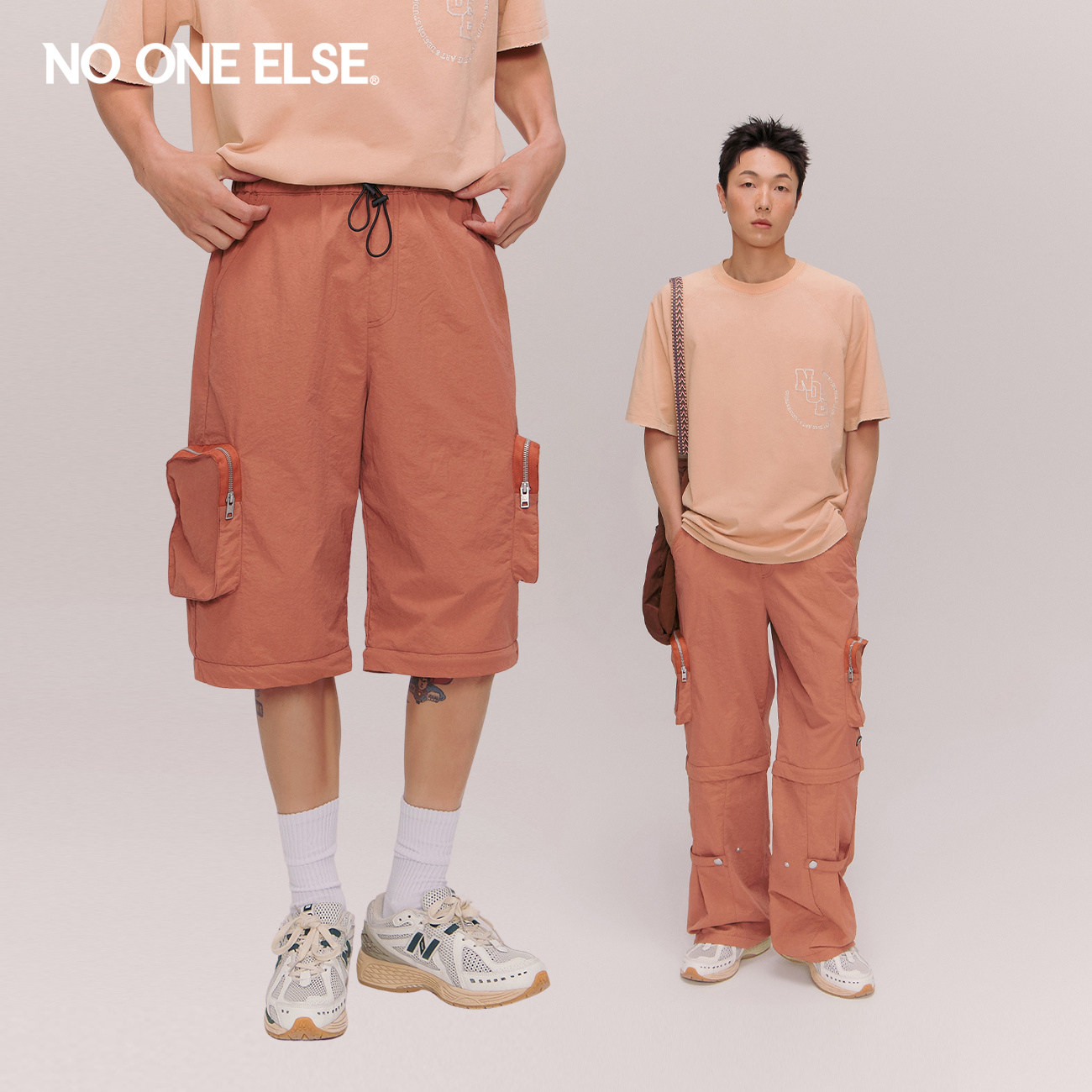 NO ONE ELSE高腰抽绳阔腿休闲裤男女2026夏季新款口袋工装长裤子