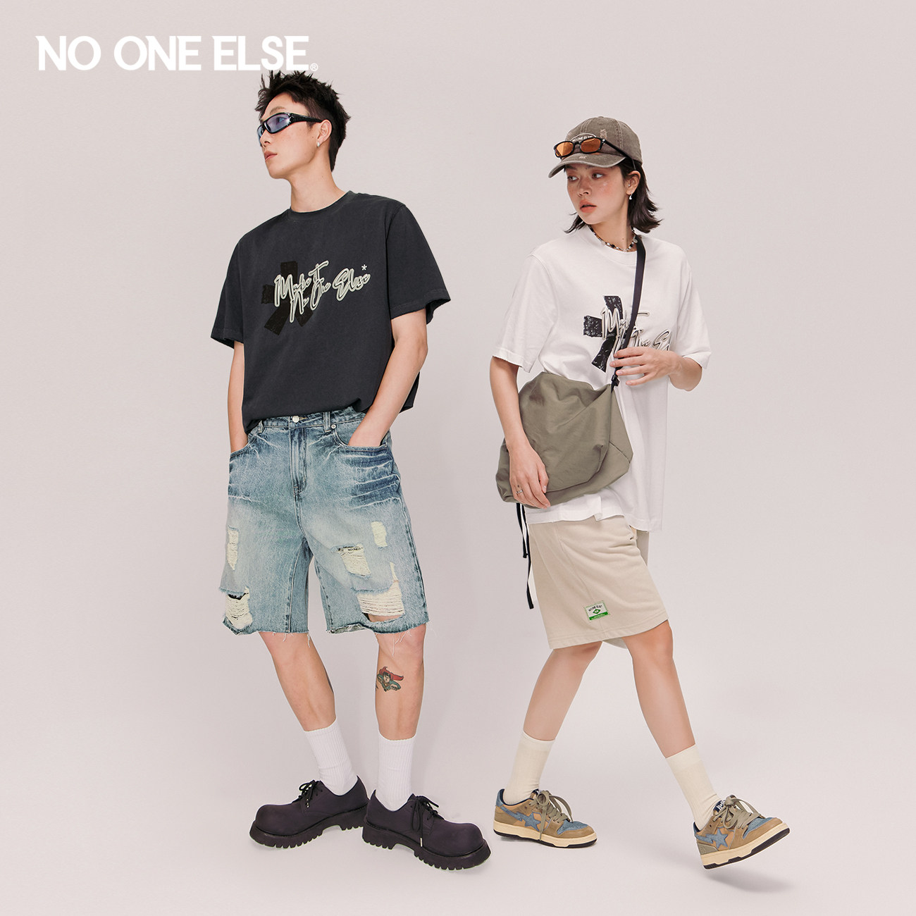 NO ONE ELSE字母花朵印花T恤男女2026年夏季新款美式宽松短袖上衣