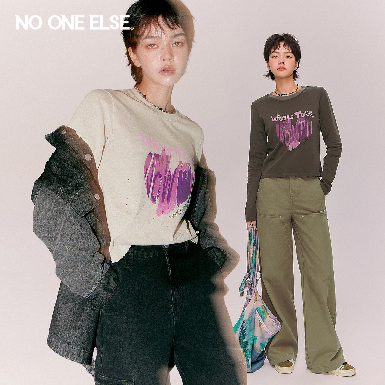NO ONE ELSE爱心字母印花T恤女2026春秋新款做旧圆领套头长袖上衣