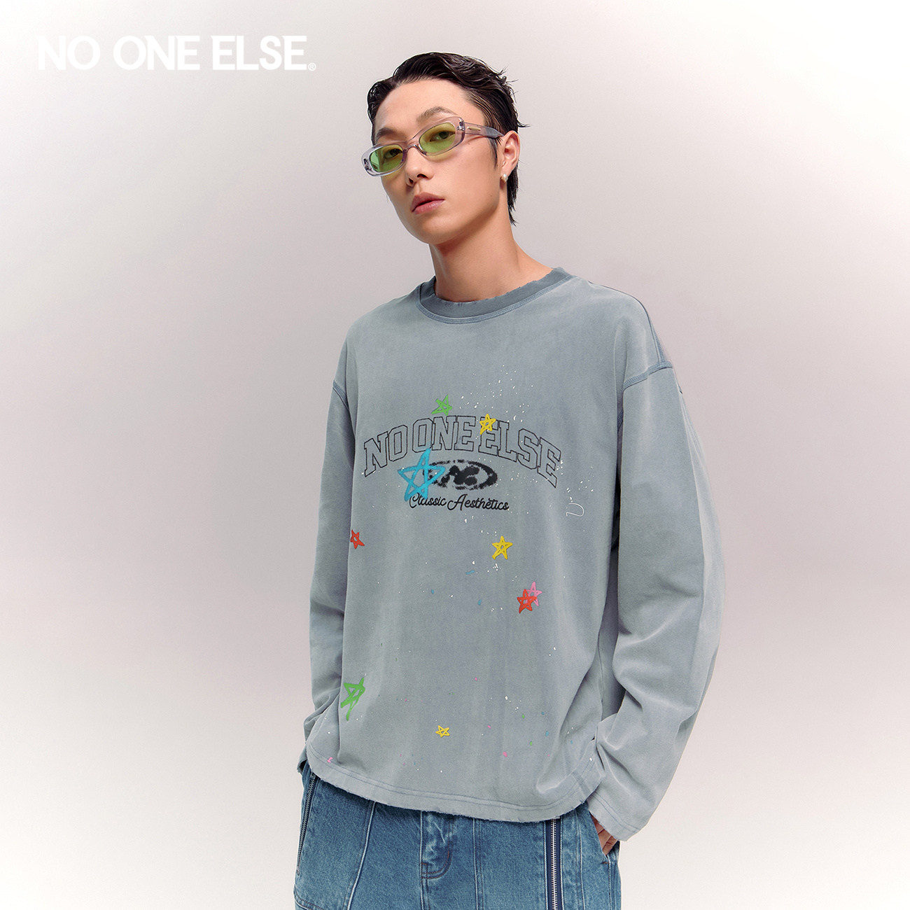 NO ONE ELSE漆点做旧T恤男女2026年春秋新款字母星星印花长袖上衣