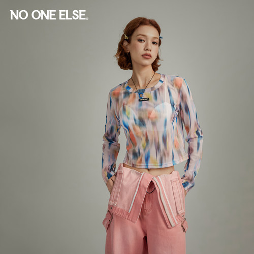 NO ONE ELSE印花涂鸦t恤女2026早春秋新款轻薄外穿打底衫长袖上衣