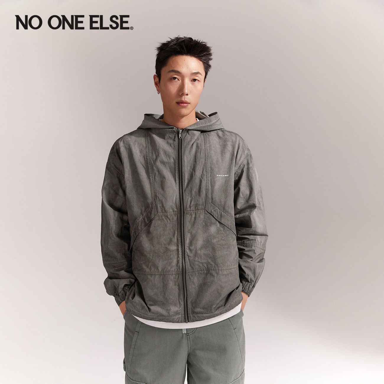 NO ONE ELSE字母印花外套男女款2026年夏季新品拉链连帽夹克上衣