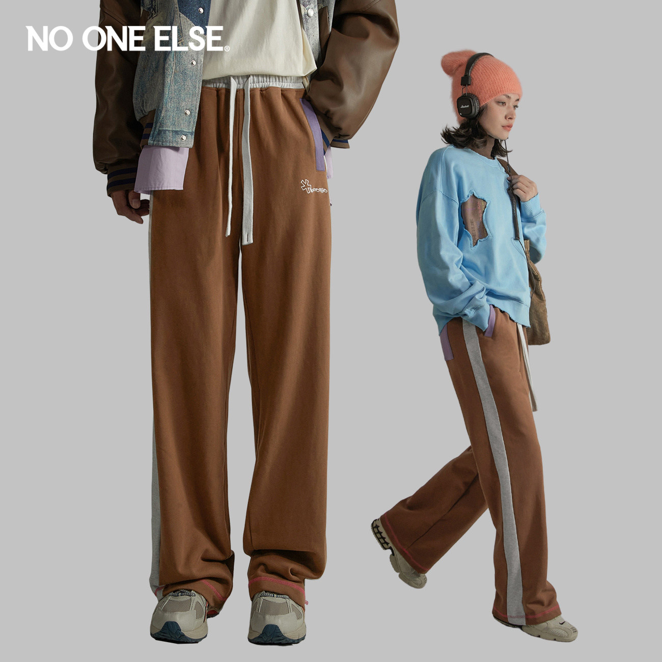 NO ONE ELSE刺绣撞色系带休闲裤男女同款2026秋新品显瘦直筒裤子