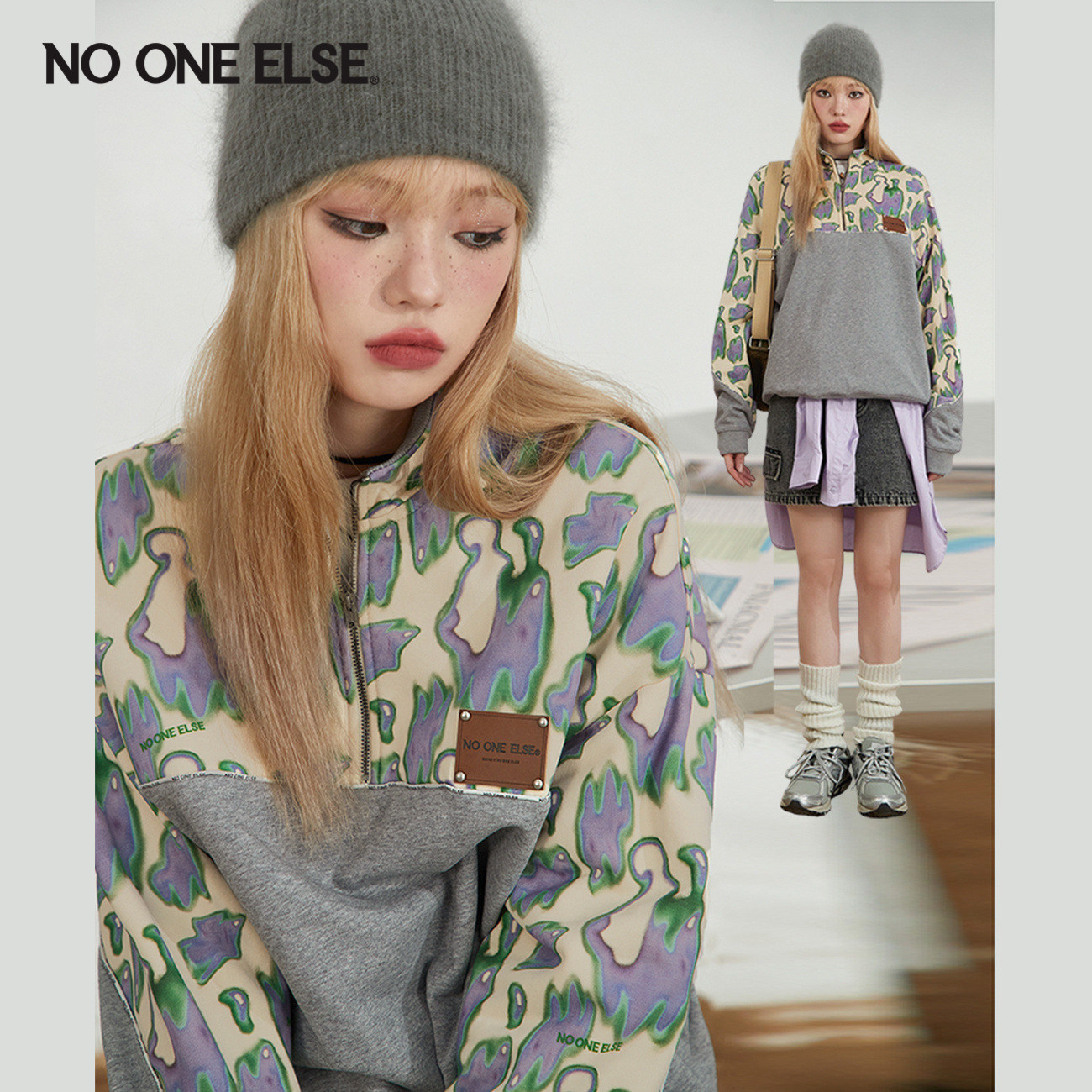 NO ONE ELSE印花拼接长袖卫衣女2026春秋新款宽松polo领套头上衣