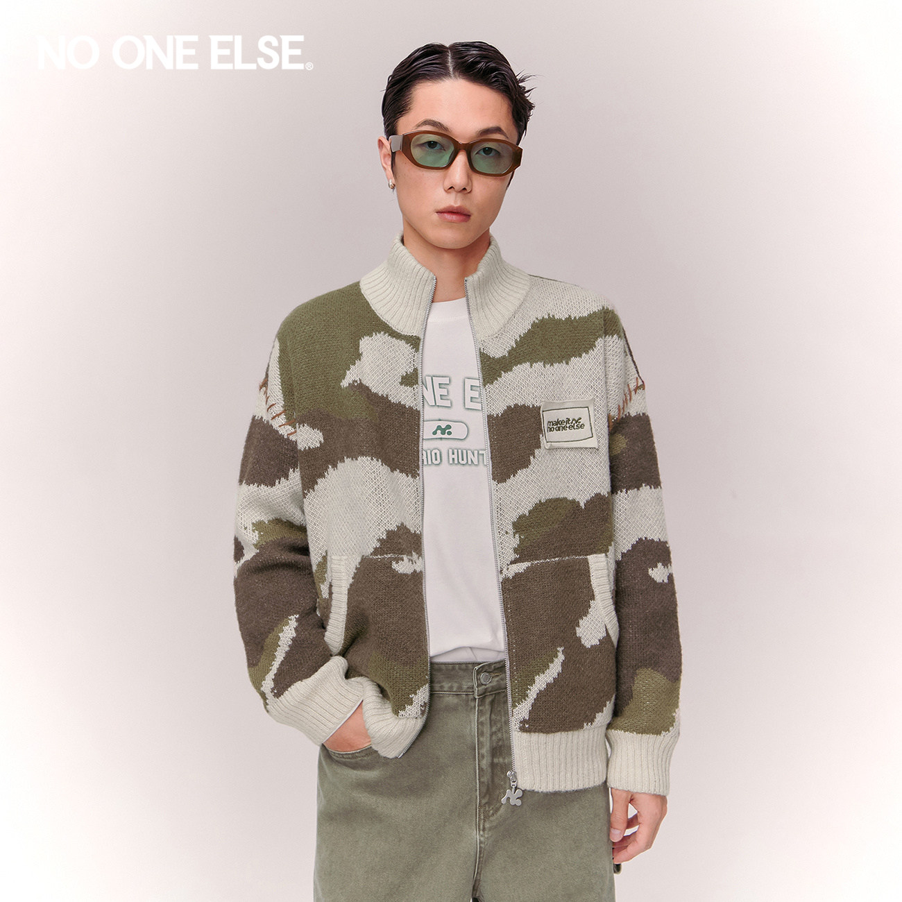NO ONE ELSE字母绣花迷彩针织开衫男女2026春秋新款宽松长袖上衣