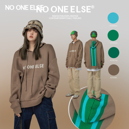 NO ONE ELSE连帽LOGO针织衫男女同款2026秋新款宽松时尚上衣潮