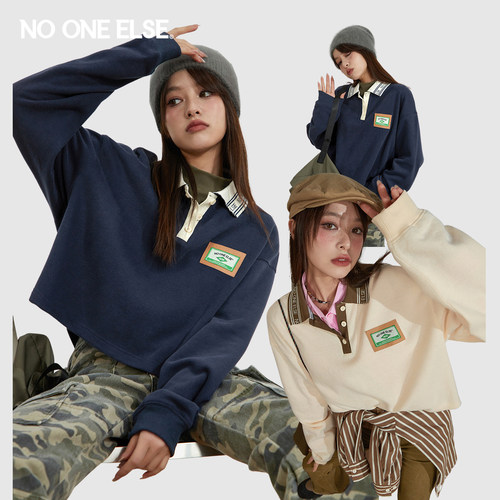 NO ONE ELSE贴标POLO领长袖T恤女2026年春春秋新品设计感小众上衣