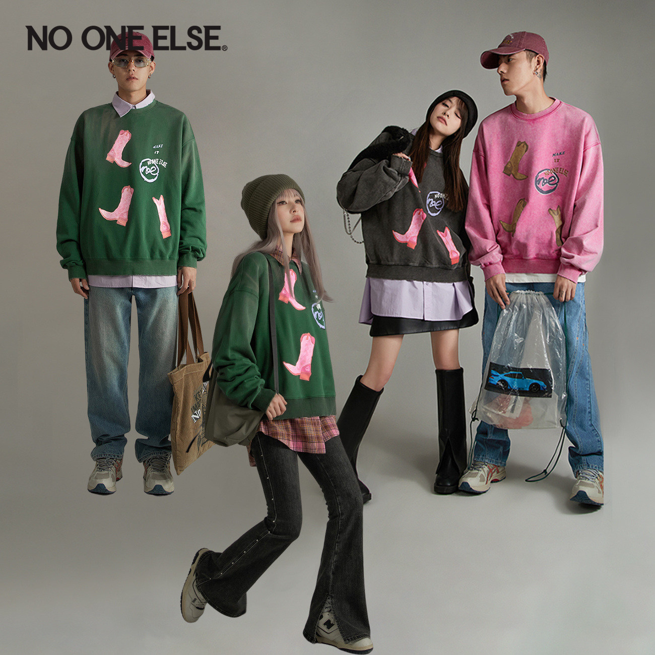 NO ONE ELSE字母印花长袖卫衣男女款2026年春秋新品韩系宽松上衣