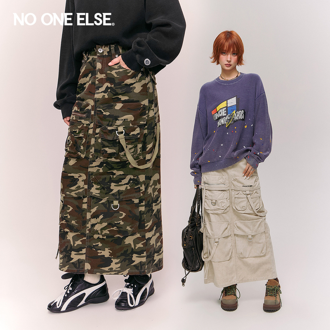 NO ONE ELSE字母绣花半身裙女2026春秋新款多口袋飘带开衩长裙子
