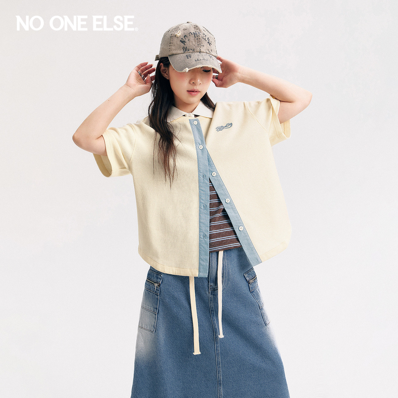 NO ONE ELSE撞色拼接外套女士2026年夏季新款字母刺绣宽松短袖T恤