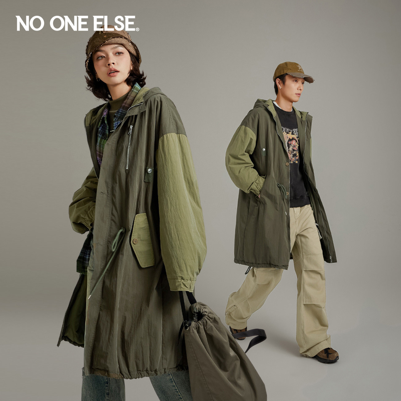 【反季清仓】NO ONE ELSE休闲连帽棉服男女冬季宽松撞色工装外套图片