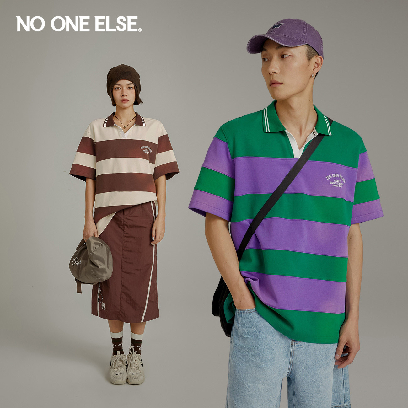 NO ONE ELSE条纹字母T恤男女同款2026年夏新品POLO领宽松短袖上衣