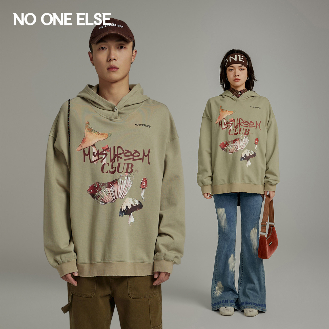 NO ONE ELSE森林印花卫衣男女款2026年春秋新品韩版宽松连帽上衣