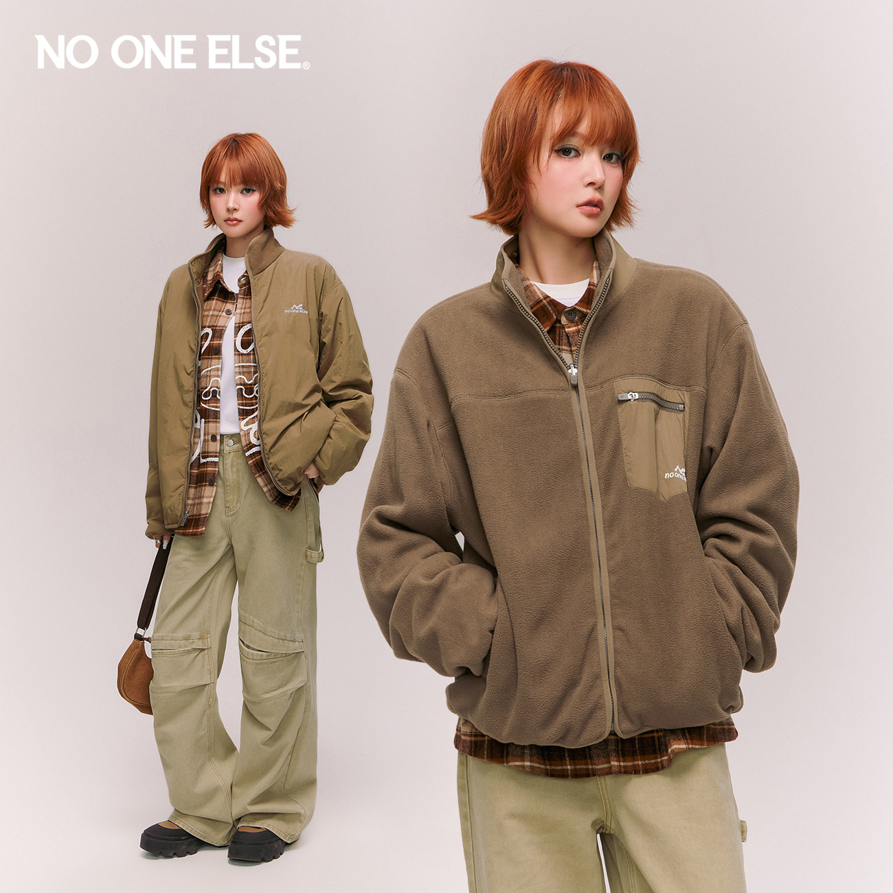 【反季清仓】NO ONE ELSE拼接仿皮毛一体男女冬绣花拉链立领外套