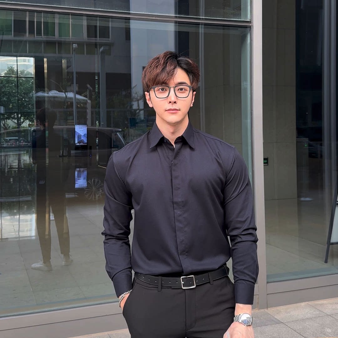 硬挺春夏四季韩系纯色商务休闲黑色高级禁欲免烫抗皱长袖衬衫衬衣 - 实物图
