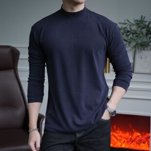 春秋285克50支仿羊绒纯色休闲舒适收腰弹力宽松微高领爽感长袖T恤