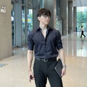 韩系百搭纯色商务宽肩男精致翻领硬挺中袖 长袖 短袖 全面升级 衬衫