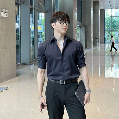 全面升级-韩系百搭纯色商务宽肩男精致翻领硬挺中袖长袖短袖衬衫