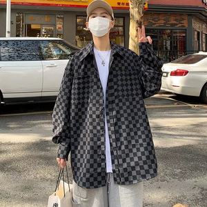 春秋高街棋盘格上衣黑白格子衬衫男长袖日系风格穿搭潮学生衬衣男