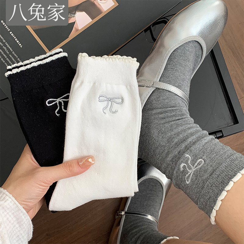 芭蕾风袜子女中筒袜秋冬厚款纯棉蝴蝶结可爱日系少女花边白色长袜