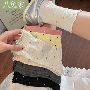 长袜 木耳边波点堆堆袜子女中筒袜ins潮纯棉春秋日系芭蕾风夏季