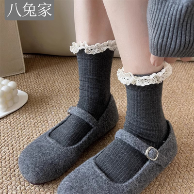 花边中筒袜子女ins潮纯棉日系学院风jk洛丽塔安可拉红长筒堆堆袜