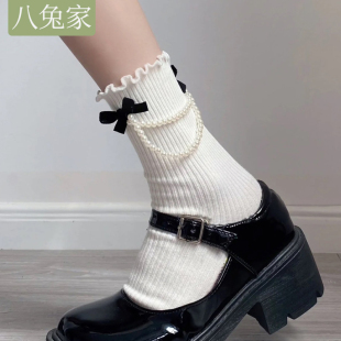 白色袜子女中筒袜春夏季ins潮百搭蝴蝶结珍珠花边短袜可爱洛丽塔