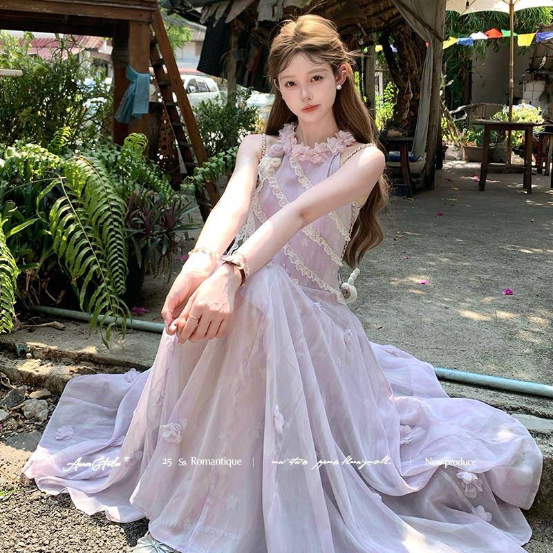 Acaine紫色长款挂脖吊带连衣裙女夏季法式复古修身显瘦气质裙子