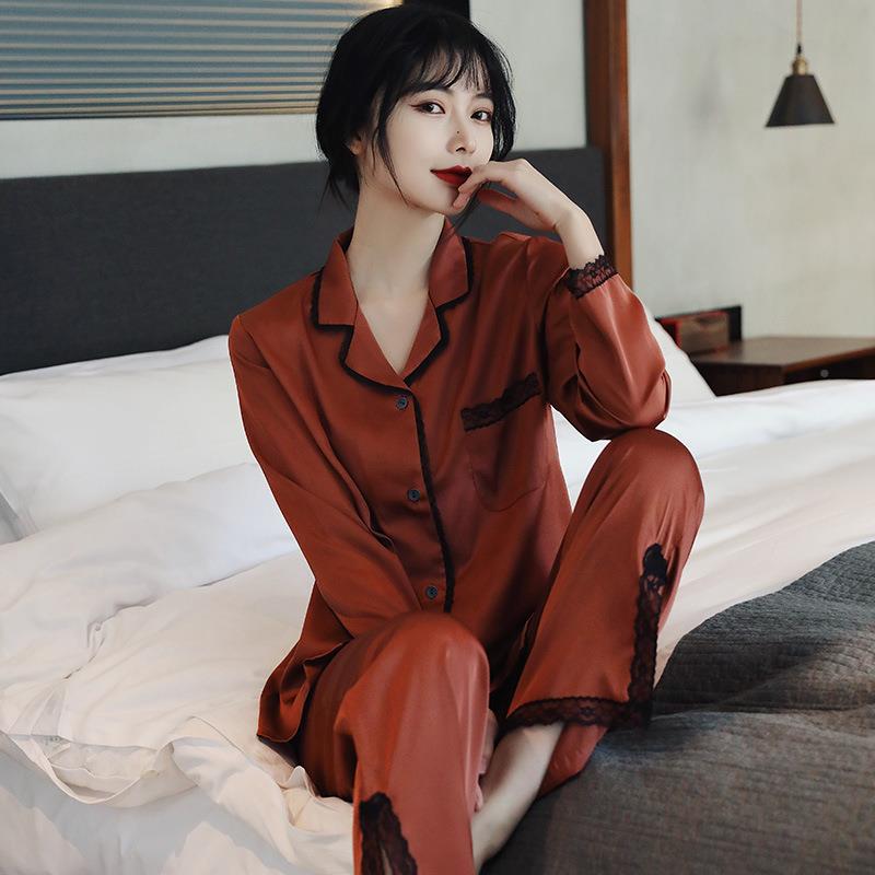 2021新款秋夏睡衣女性感长袖套装韩春版丝绸时尚BUR网年红爆家款