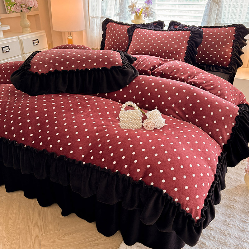 床裙款牛奶绒四件套加厚波点被套