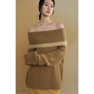 MURMURMI拼接一字大翻领毛衣