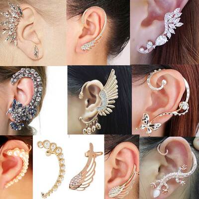 韩扇形水晶天使蝴蝶雄鹰翅膀小鸟弯月珍珠蜥蜴耳夹挂饰品Earrings