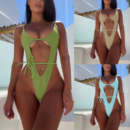 性感镂空连体泳衣女士欧美风纯色比基尼泳装Sexy Swimsuit bikini